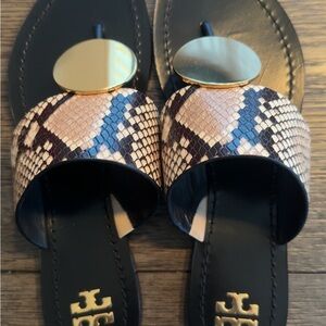Tory Burch Black and Snakeskin Sandals with Gold Detail